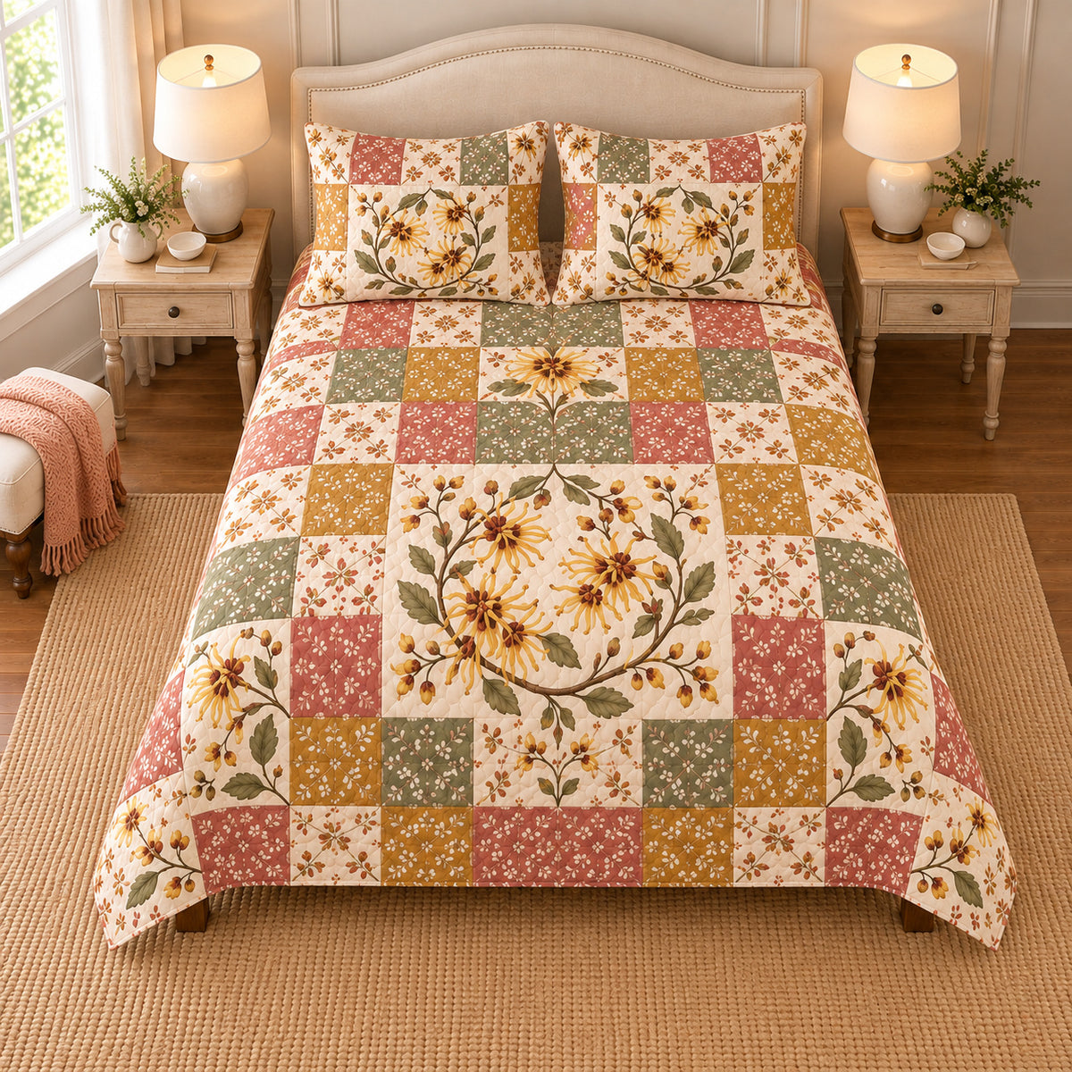 Witch Hazel patchwork quilt set, overhead view, AI-generated digital product mockup