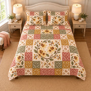 Witch Hazel patchwork quilt set, overhead view, AI-generated digital product mockup