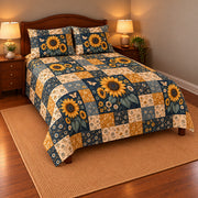 Sunflower patchwork quilt set, left view, AI-generated digital product mockup