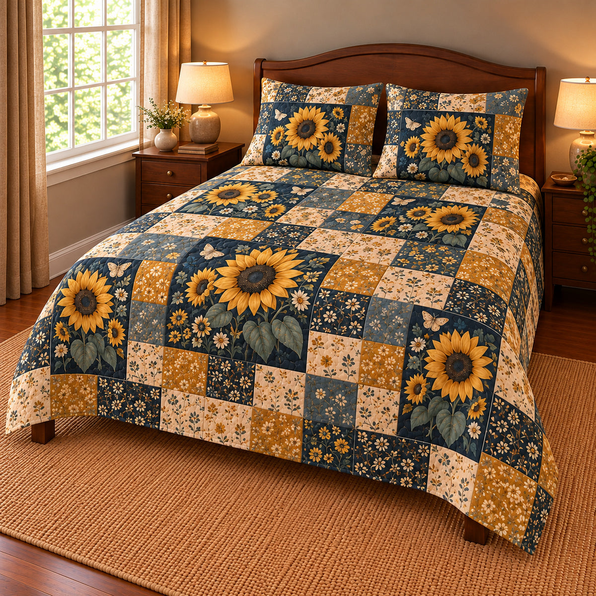 Sunflower patchwork quilt set, right view, AI-generated digital product mockup