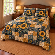 Sunflower patchwork quilt set, right view, AI-generated digital product mockup
