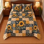 Sunflower patchwork quilt set, overhead view, AI-generated digital product mockup