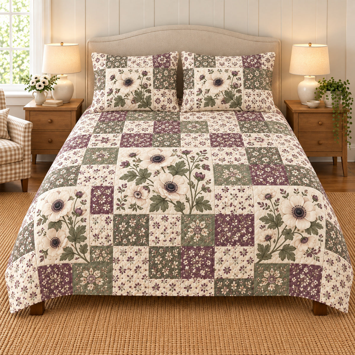 Anemone patchwork quilt set, front view, AI-generated digital product mockup