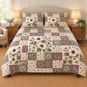 Anemone patchwork quilt set, front view, AI-generated digital product mockup