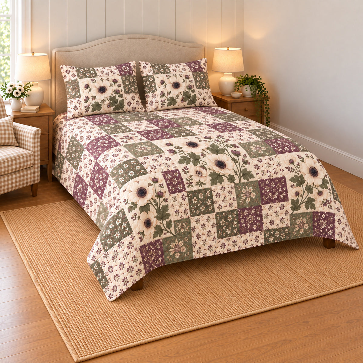 Anemone patchwork quilt set, left view, AI-generated digital product mockup