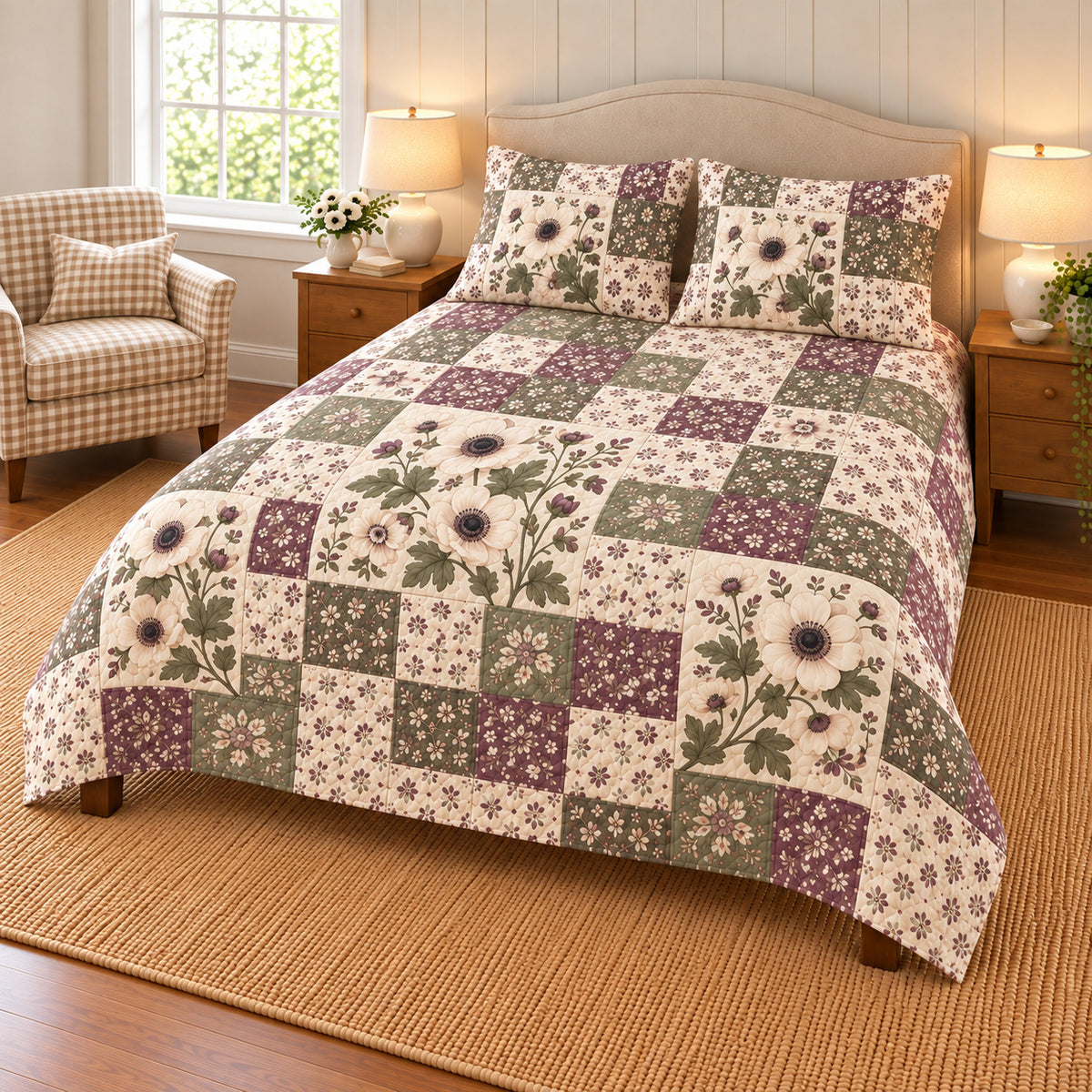 Anemone patchwork quilt set, right view, AI-generated digital product mockup