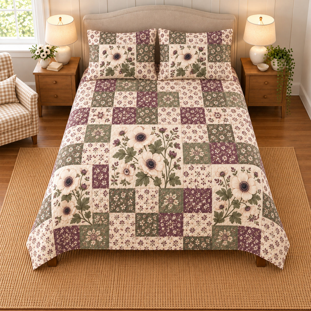 Anemone patchwork quilt set, overhead view, AI-generated digital product mockup