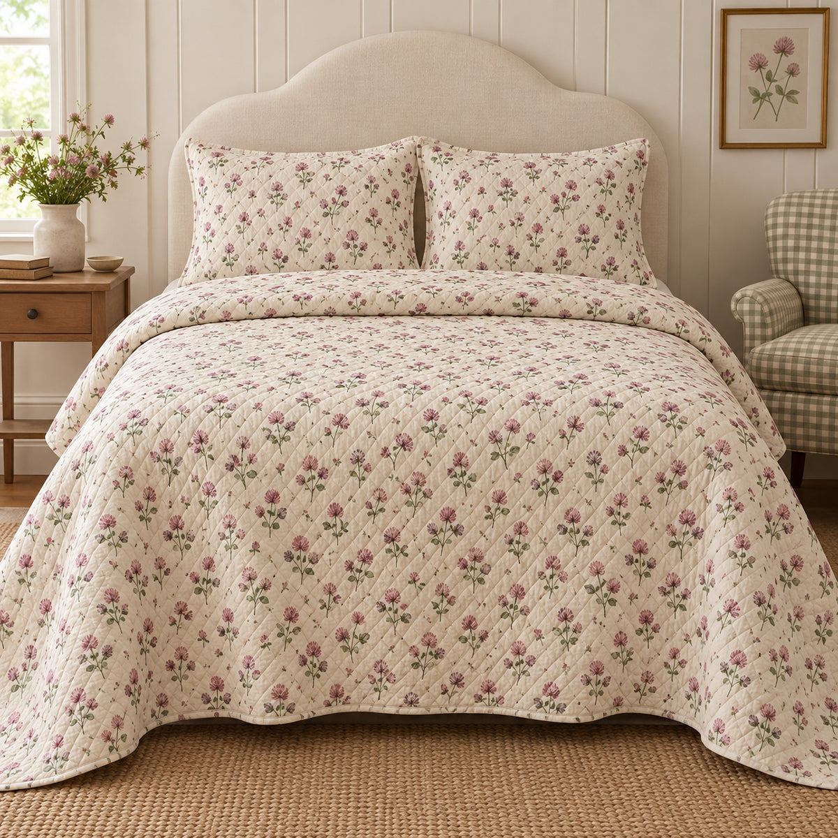 Red Clover ditsy garden floral quilt set, front view