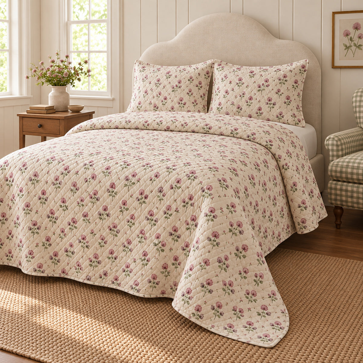 Red Clover ditsy garden floral quilt set, right oblique angle view