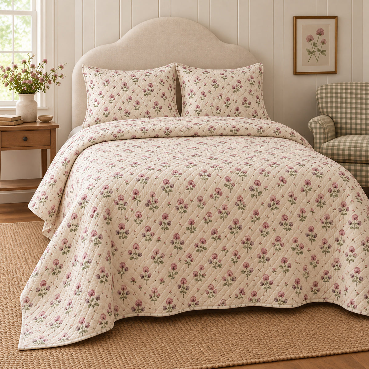 Red Clover ditsy garden floral quilt set, alternate eye-level view
