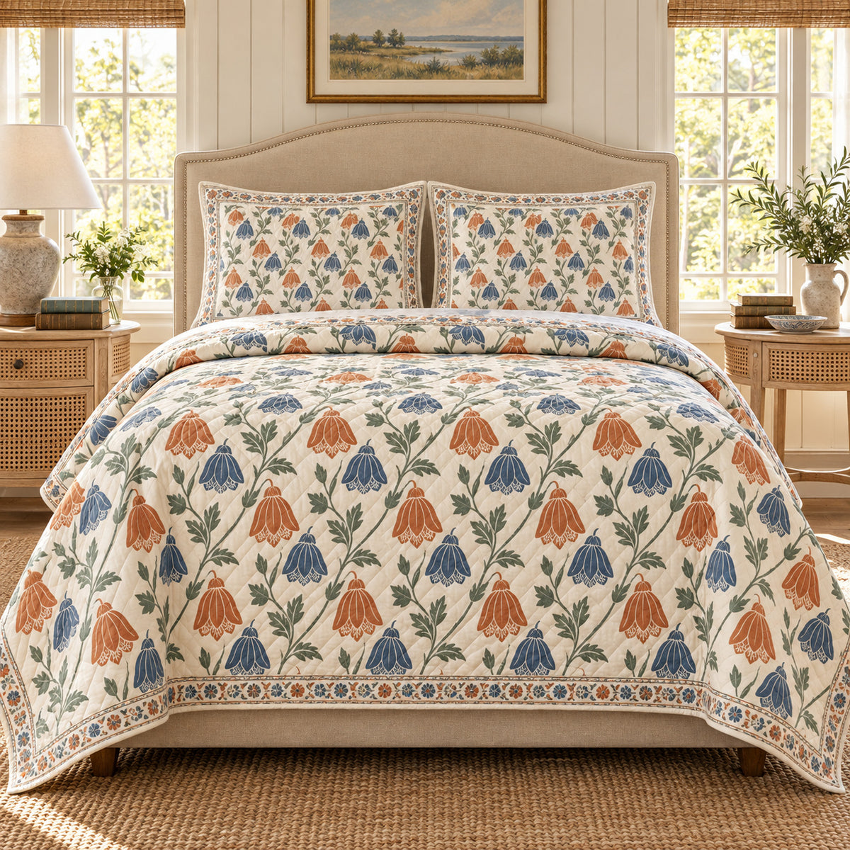 Abutilon Hand Block Floral Rhythm quilt set, front view, AI generated mockup