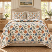 Abutilon Hand Block Floral Rhythm quilt set, front view, AI generated mockup