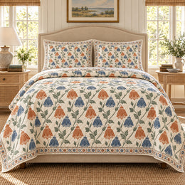 Abutilon Hand Block Floral Quilt Set, Southern Cottage Bedding, Gift for Her