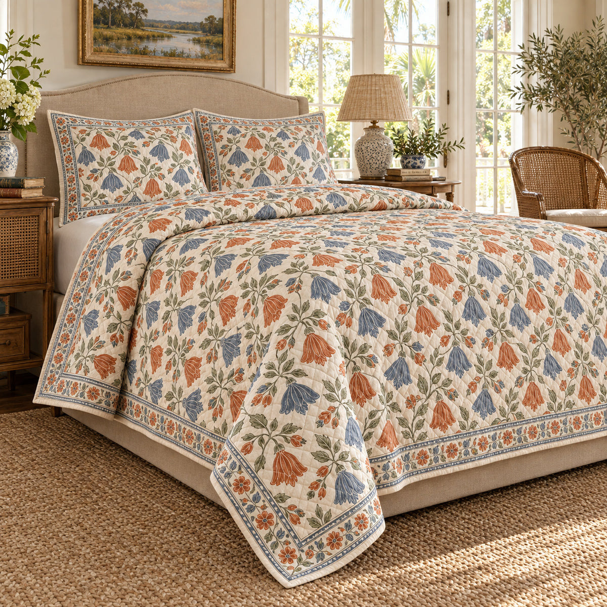 Abutilon Hand Block Floral Rhythm quilt set, left angle, AI generated mockup
