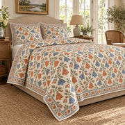 Abutilon Hand Block Floral Rhythm quilt set, left angle, AI generated mockup