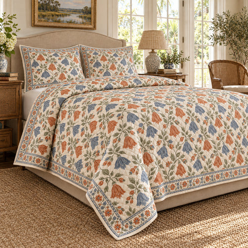Abutilon Hand Block Floral Rhythm quilt set, left angle, AI generated mockup