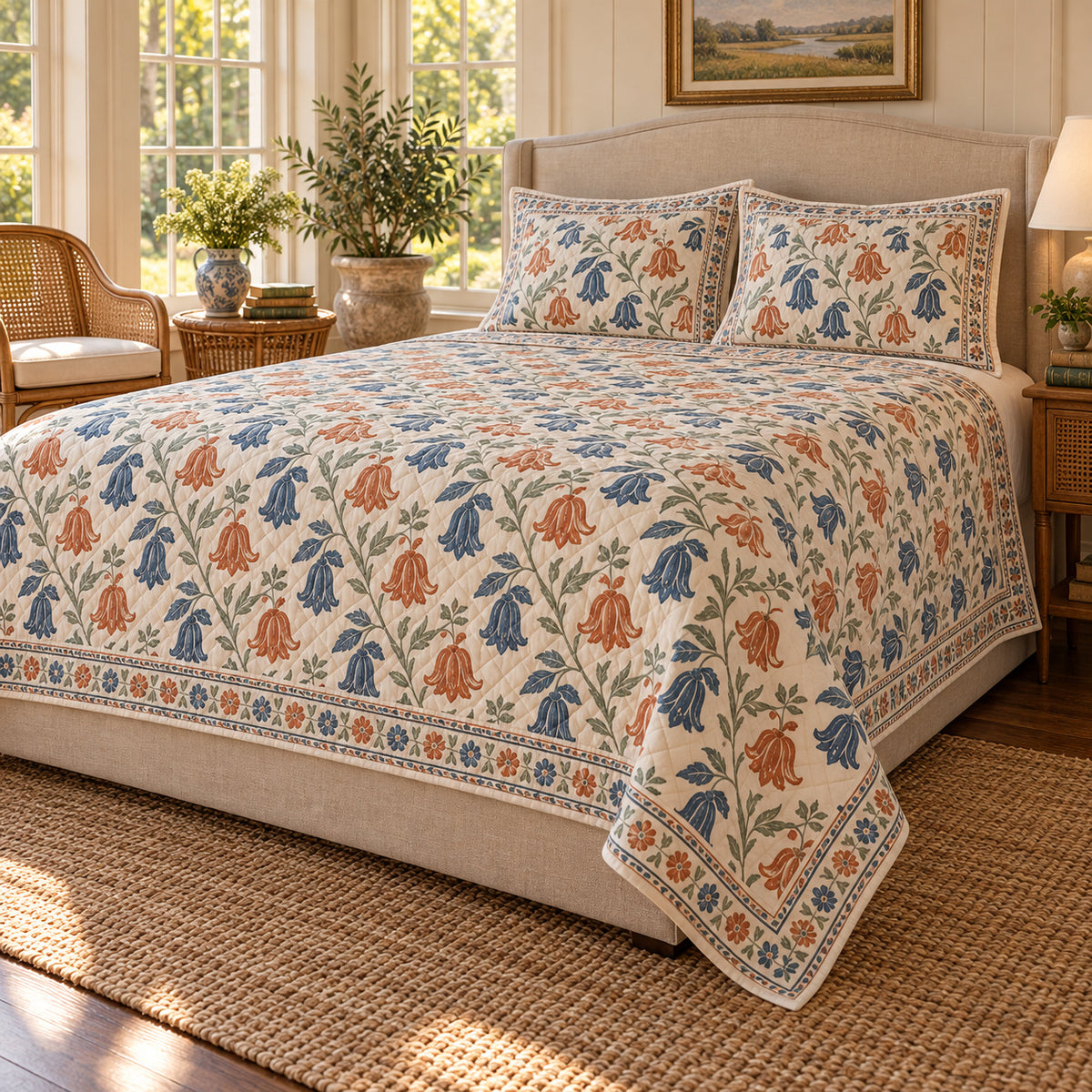Abutilon Hand Block Floral Rhythm quilt set, right oblique angle, AI generated mockup