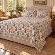Abutilon Hand Block Floral Rhythm quilt set, right oblique angle, AI generated mockup