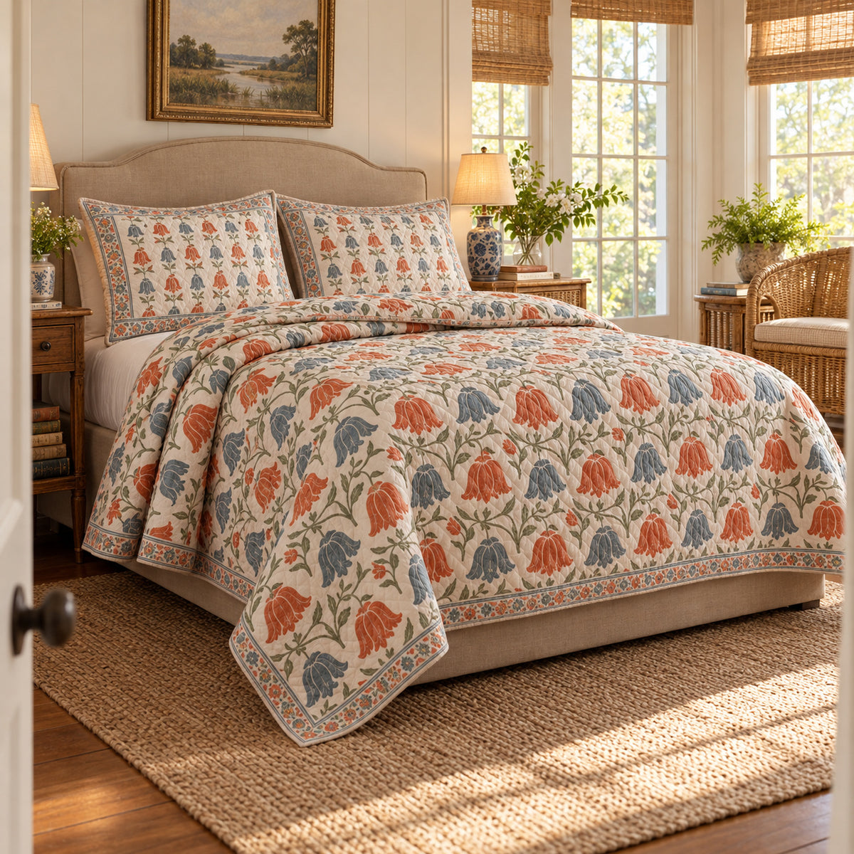 Abutilon Hand Block Floral Rhythm quilt set, alternate room view, AI generated mockup