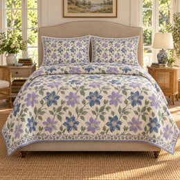 Clematis Hand Block Floral Quilt Set, Southern Cottage Bedding, Gift for Her