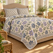 Clematis Hand Block Floral Rhythm quilt set, left angle, AI generated mockup