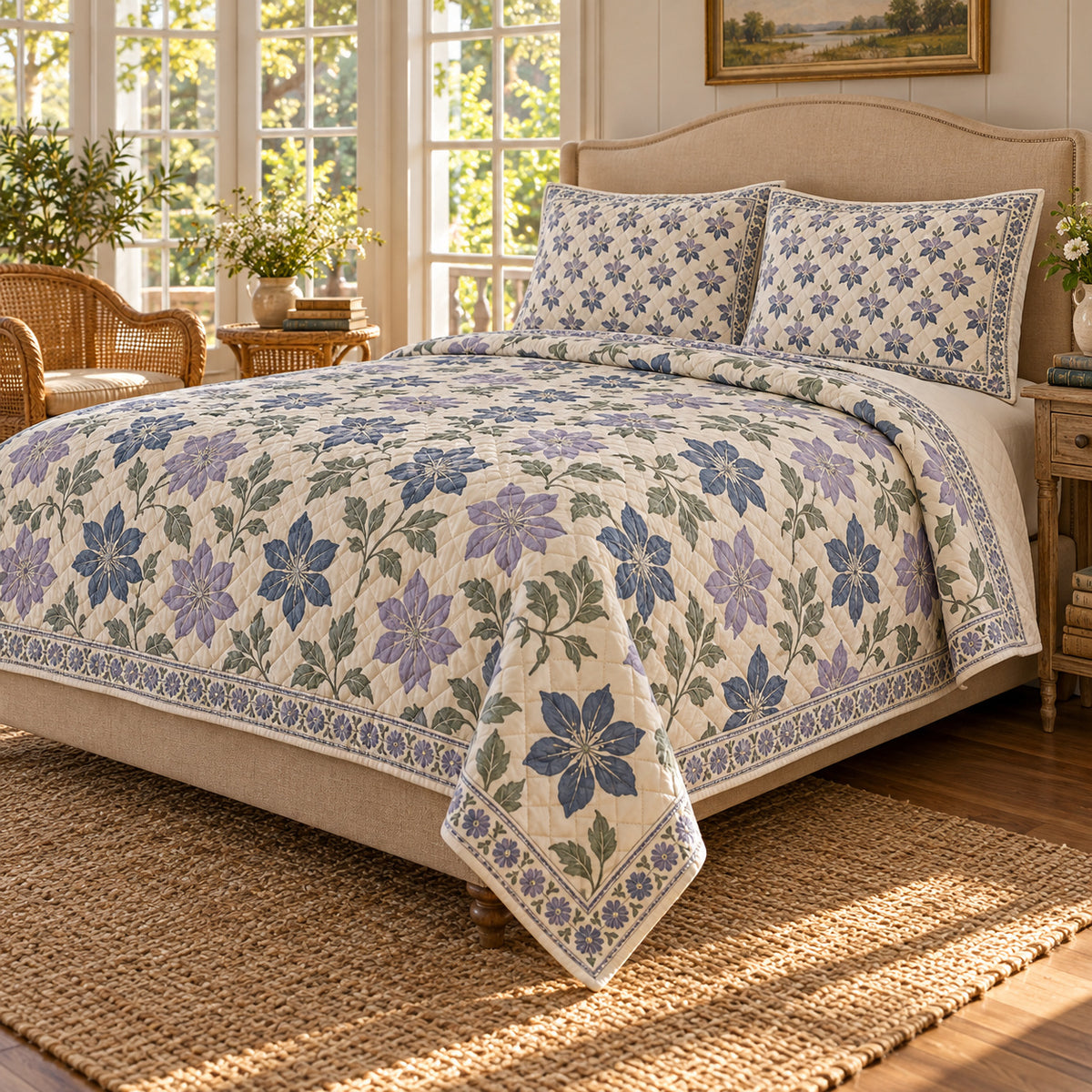 Clematis Hand Block Floral Rhythm quilt set, right oblique angle, AI generated mockup