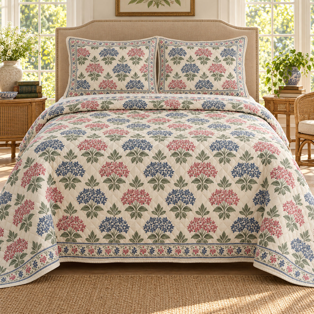 Pentas Hand Block Floral Rhythm quilt set, front view, AI generated mockup