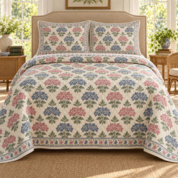 Pentas Hand Block Floral Quilt Set, Southern Cottage Bedding, Gift for Her