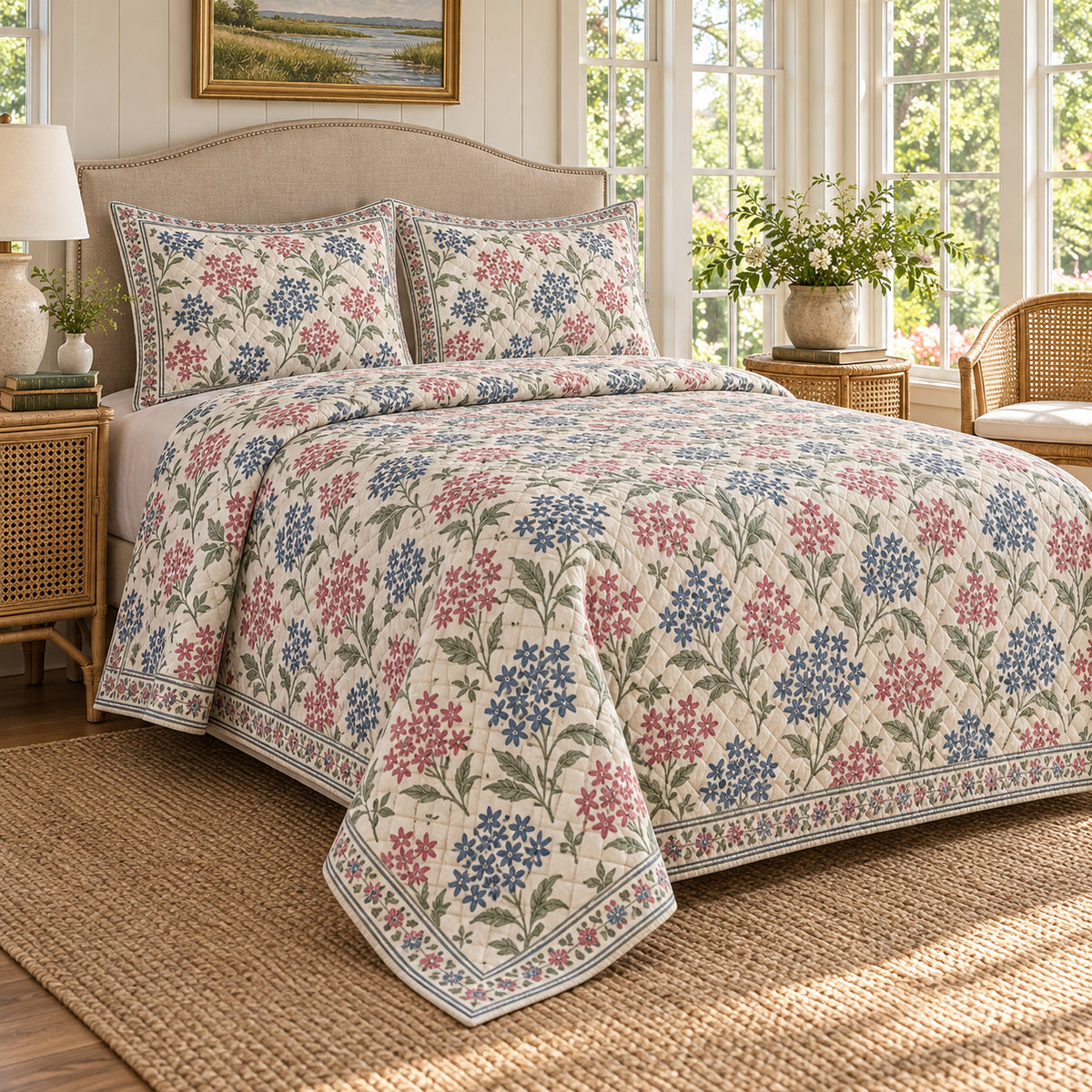 Pentas Hand Block Floral Rhythm quilt set, left angle, AI generated mockup