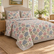 Pentas Hand Block Floral Rhythm quilt set, left angle, AI generated mockup