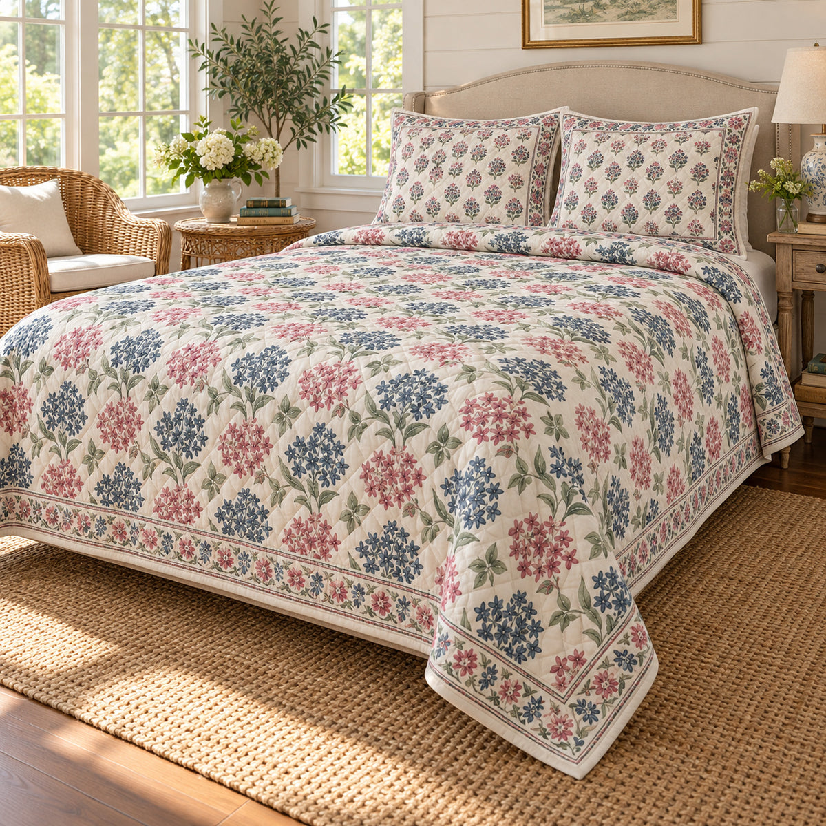 Pentas Hand Block Floral Rhythm quilt set, right oblique angle, AI generated mockup
