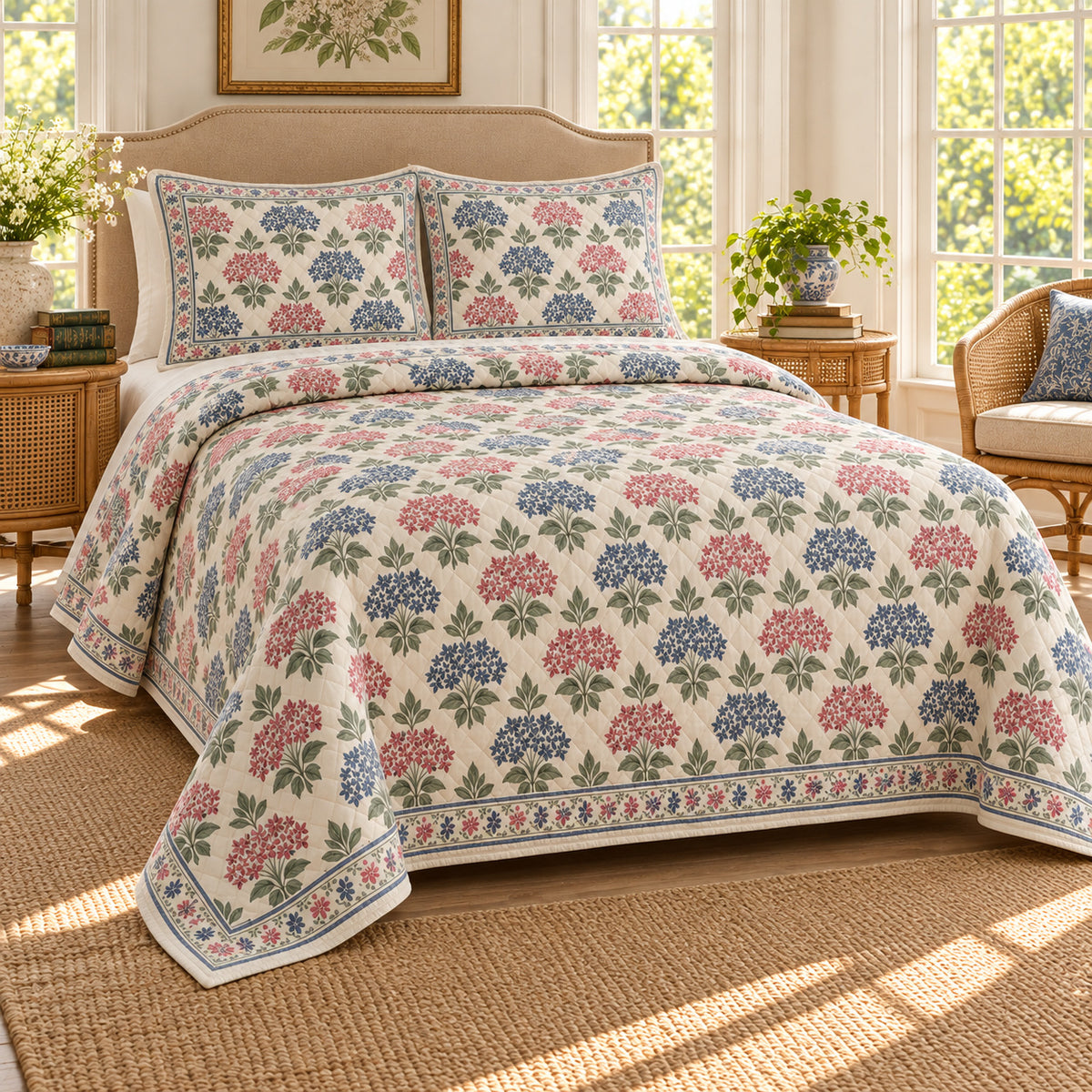Pentas Hand Block Floral Rhythm quilt set, alternate room view, AI generated mockup