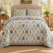 Star-of-Bethlehem Hand Block Floral Rhythm quilt set, front view, AI generated mockup