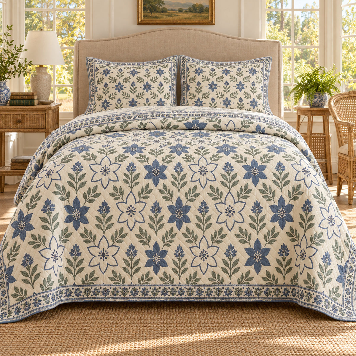 Star-of-Bethlehem Hand Block Floral Rhythm quilt set, front view, AI generated mockup