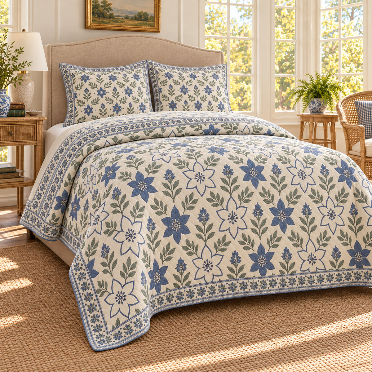 Star-of-Bethlehem Hand Block Floral Rhythm quilt set, left angle, AI generated mockup