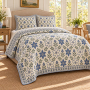 Star-of-Bethlehem Hand Block Floral Rhythm quilt set, left angle, AI generated mockup