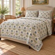 Star-of-Bethlehem Hand Block Floral Rhythm quilt set, right oblique angle, AI generated mockup
