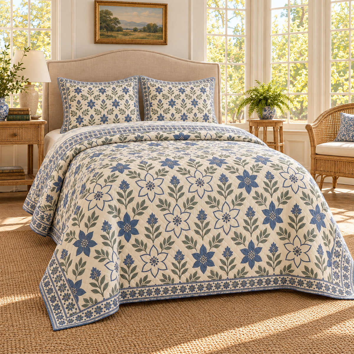 Star-of-Bethlehem Hand Block Floral Rhythm quilt set, alternate room view, AI generated mockup