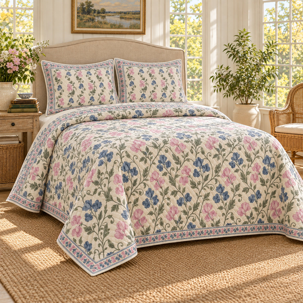 Sweet Pea Hand Block Floral Rhythm quilt set, left angle, AI generated mockup