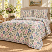 Sweet Pea Hand Block Floral Rhythm quilt set, right oblique angle, AI generated mockup