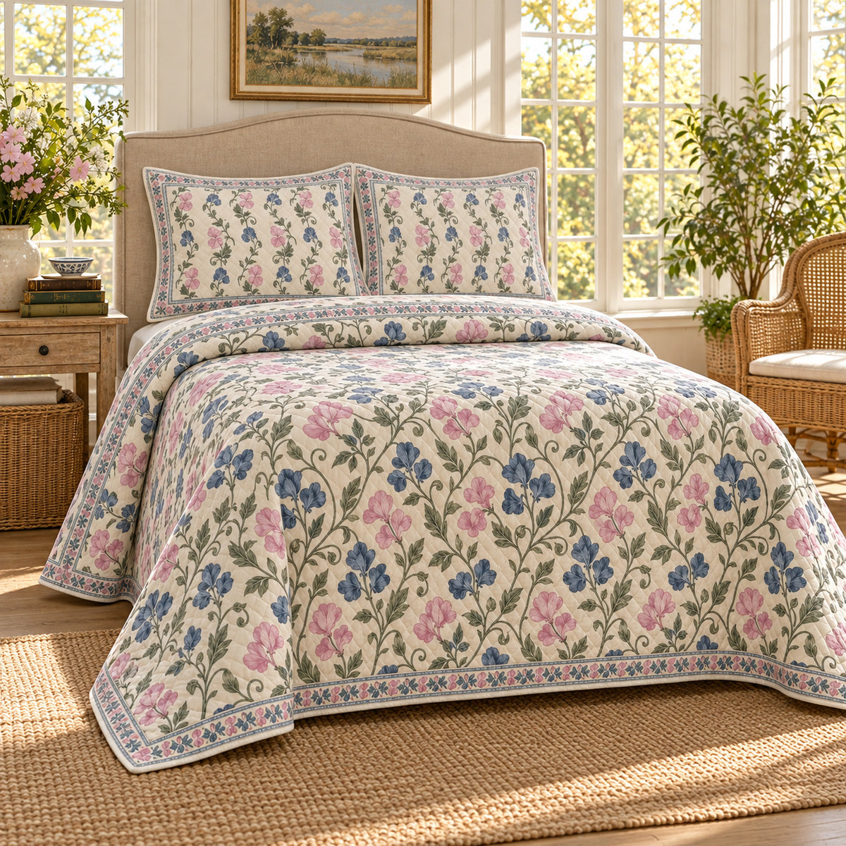 Sweet Pea Hand Block Floral Rhythm quilt set, alternate room view, AI generated mockup