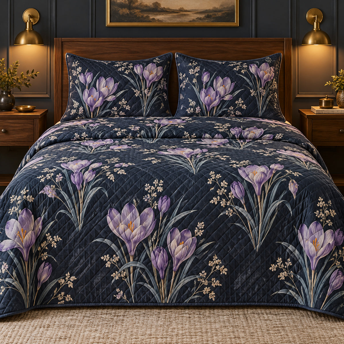Crocus Midnight Botanical quilt set, front view, AI generated mockup