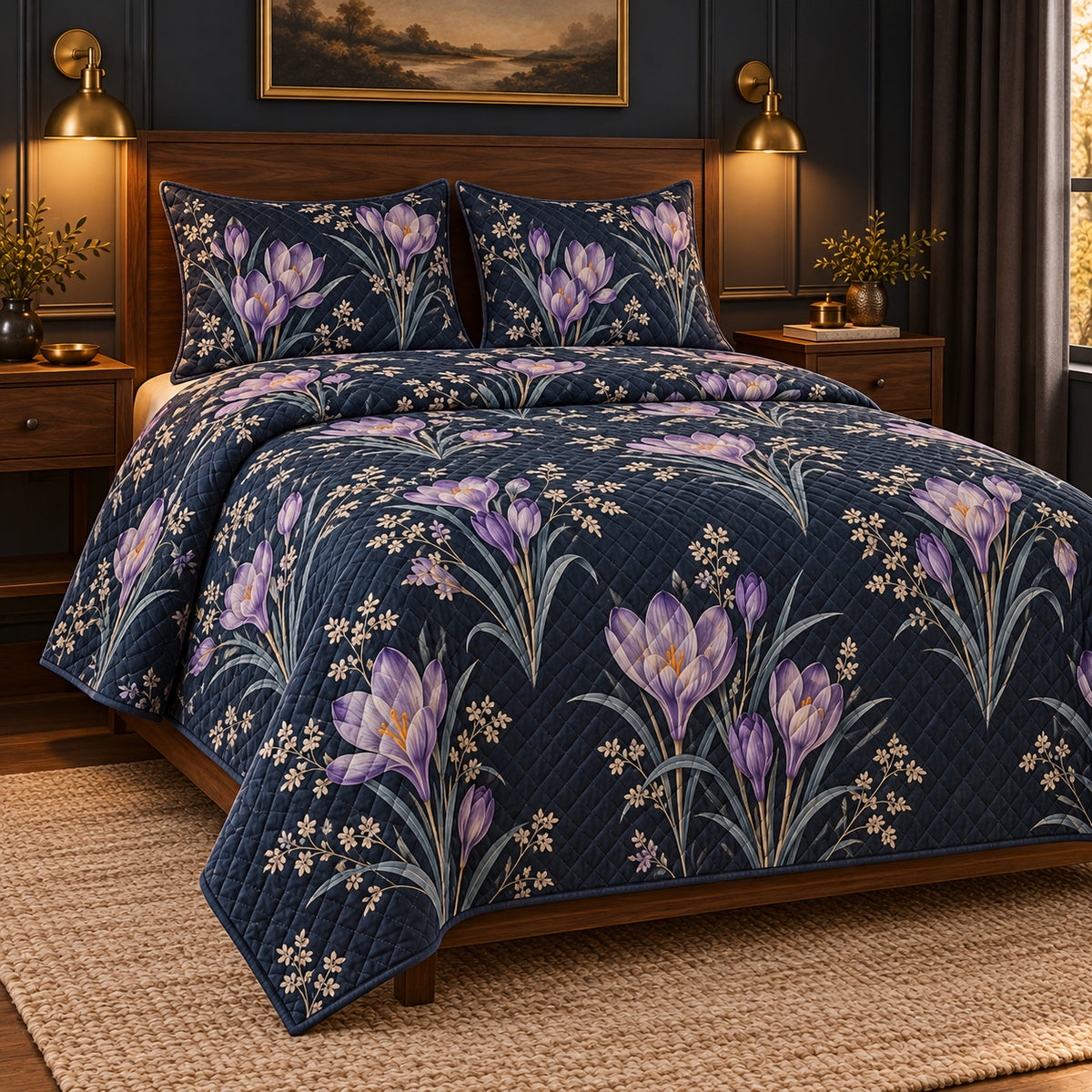 Crocus Midnight Botanical quilt set, left angle, AI generated mockup