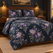 Crocus Midnight Botanical quilt set, left angle, AI generated mockup