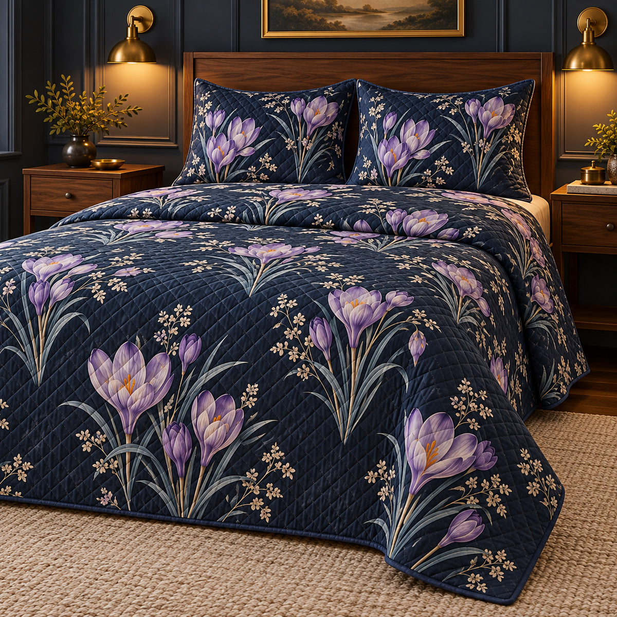 Crocus Midnight Botanical quilt set, right oblique angle, AI generated mockup