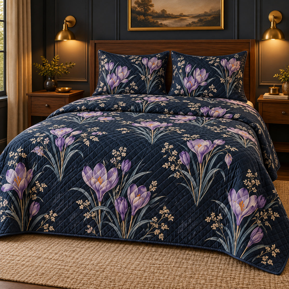 Crocus Midnight Botanical quilt set, alternate room view, AI generated mockup