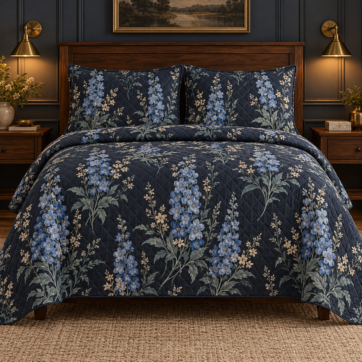 Delphinium Midnight Botanical quilt set, front view, AI generated mockup