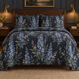 Delphinium Midnight Floral Quilt Set, Cozy Dark Botanical Bedding, Gift for Her