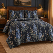 Delphinium Midnight Botanical quilt set, left angle, AI generated mockup