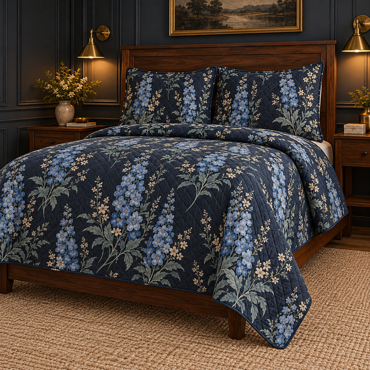 Delphinium Midnight Botanical quilt set, right oblique angle, AI generated mockup
